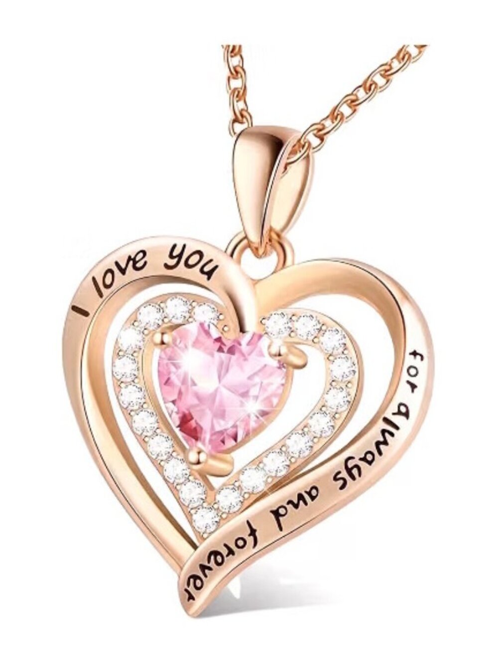 Bronze and Pink Diamond Heart-Shaped Necklace I Love You for Always and Forever